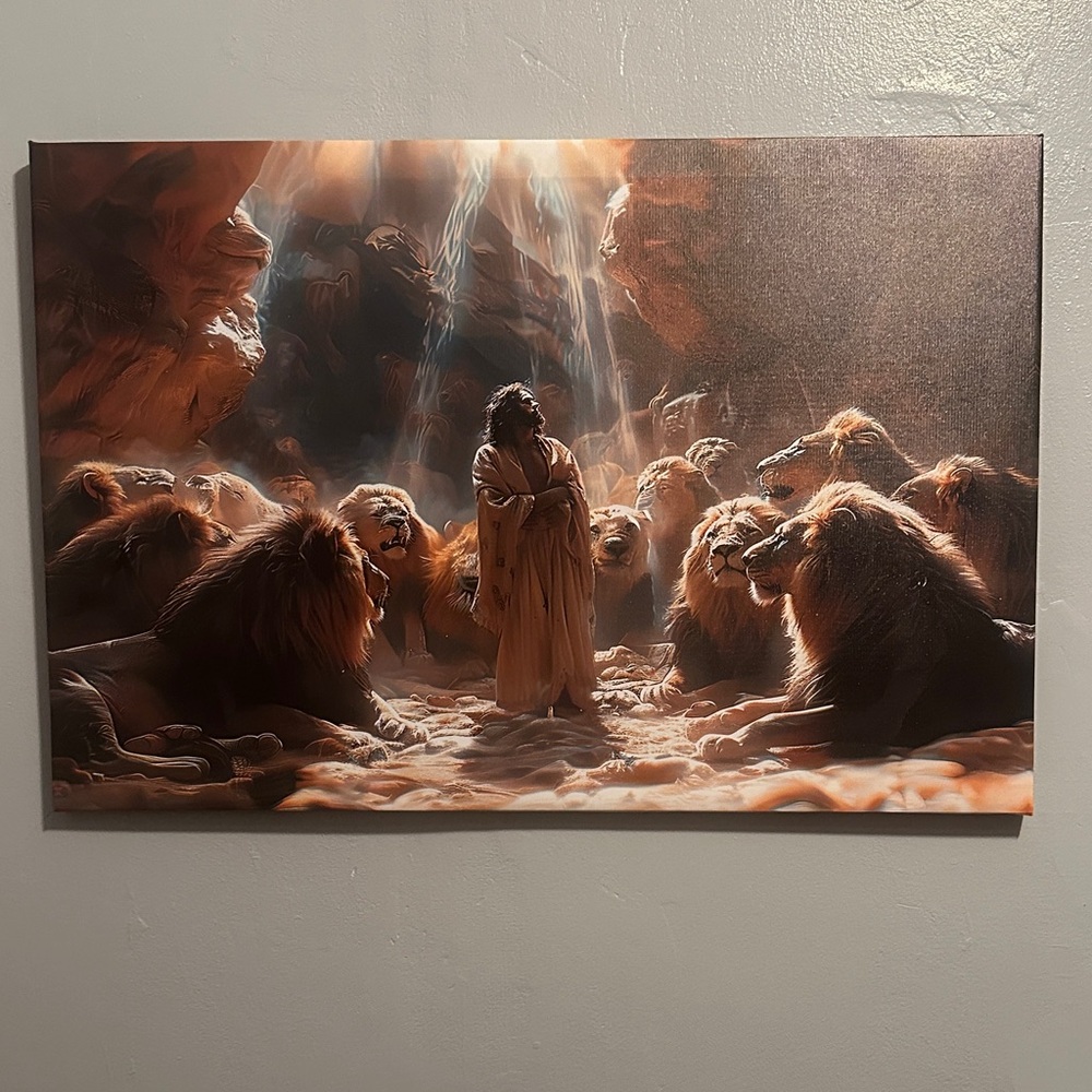 Daniel standing in the center symbolizing divine protection and his calm faith.